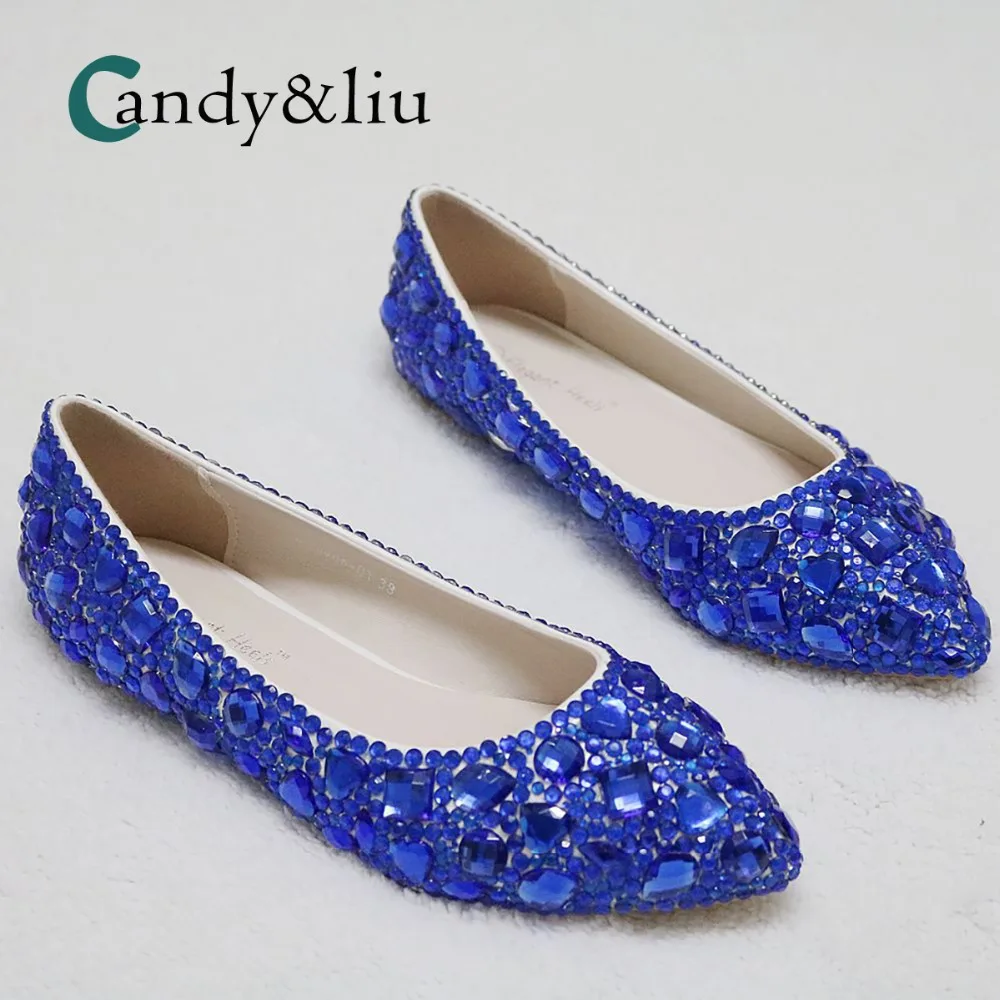 

Blue Crystal Wedding Shoes Pointed Toe Slpi-on Shallow Boat Flats for Party Banquet Bridesmaid Bridal Pregnant Girls