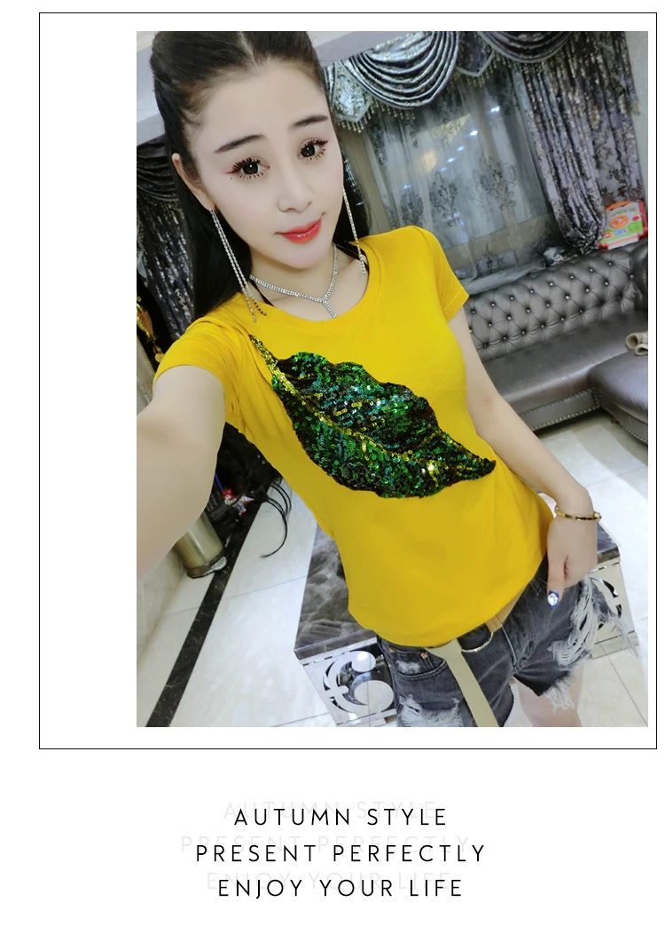 Camisetas mujer verano, летние хлопковые футболки с блестками, женские топы с коротким рукавом, женские футболки, желтые, черные, для девушек
