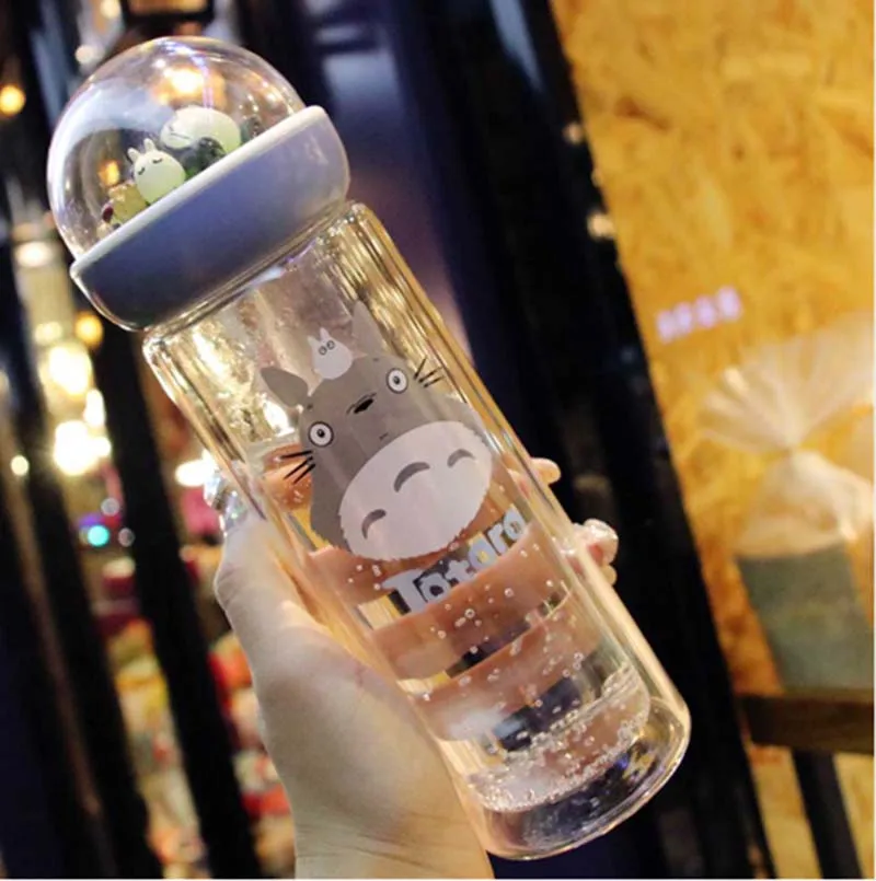 300ML Kwaii Totoro Carring бутылка с двойным слоем Ovenproof стеклянная бутылка с силиконовым уплотнением микроландшафтная посуда для напитков с изоляцией двойная бутылка - Цвет: 300ML
