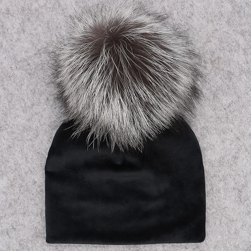 GZHILOVINGL Real Fur Pom Pom Baby Girls Boys Hat Warm Winter Knitted Velvet Hat Toddler Kids Soft Thick Flannel Beanies Pompoms