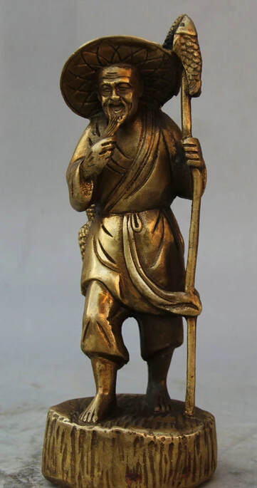 8 &quotКитайский народный латунный рыбацкий рыбак статуэтка рыбы скульптура R0710