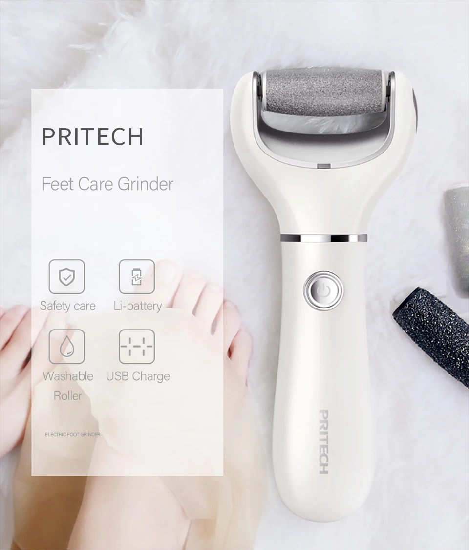 Pritech электрический прибор для удаления мозолей, длинный срок годности, шлифовальный станок для педикюра, мощный напильник для ног с 2 съемными шлифовальными станками