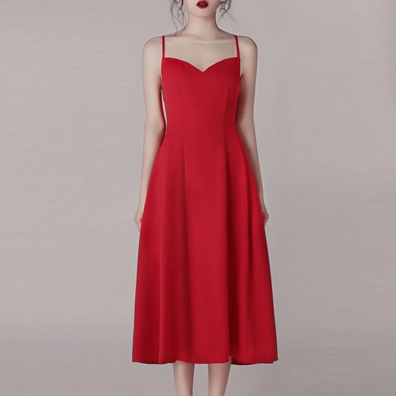 INDRESSME, Бандажное одноцветное красное платье, новинка, женское платье на тонких бретелях, v-образный вырез, открытая спина, с поясом, миди, Сексуальные клубные вечерние платья а-силуэта