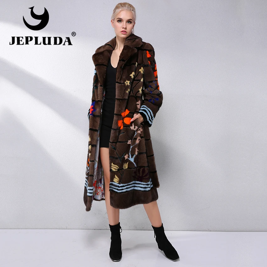 JEPLUDA Женская Норковая Шуба Натуральный Мех Американский с Цветочный Рисунок Роскошный и Зкстравагантный Европейский Бренды Моды Длинный Теплый Пальто Зимнее Женское Меховые Английский Воротник Шуба Норка Зима