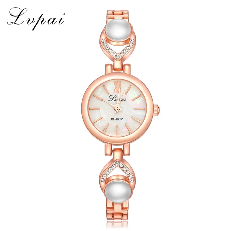 Часы Lvpai кварцевые розовое золото с римскими цифрами и жемчугом для повседневной