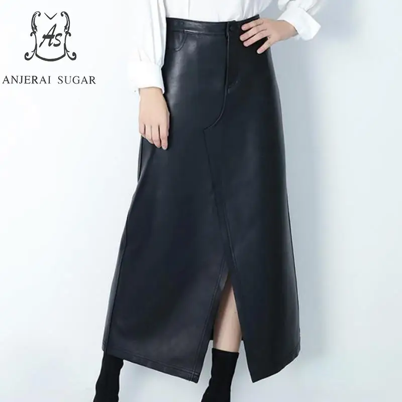 

Spring Autumn Genuine leather skirts women black sexy High waist back pocket split OL real sheepskin female long A line skirt