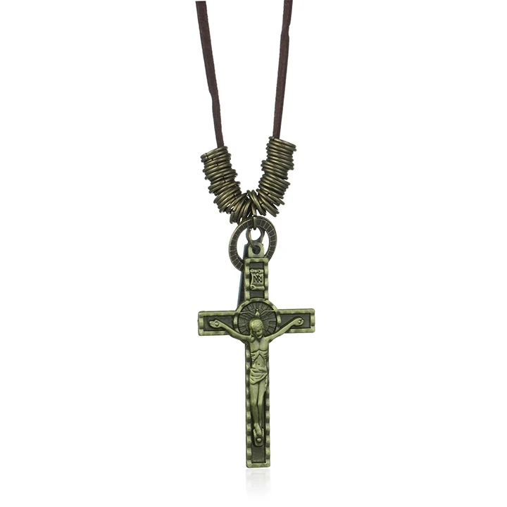 Bronze Color Circles INRI Symbol Распятие Кожаный веревочный браслет с подвеской ожерелье для женщин ретро крест Иисус бусы цепочка ожерелье мужские Религиозные ювелирные изделия CN13 - Окраска металла: Bronze Color Circles