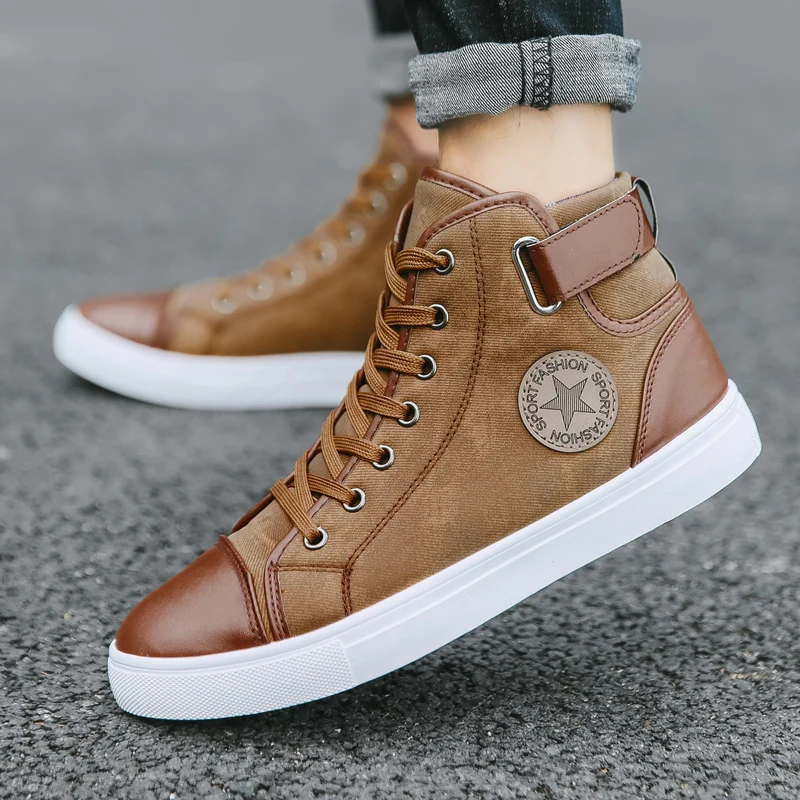 Pop Nice Men Large Retro Ankle Boots Autumn Winter British Fashion Big Size Buckle High Top Canvas Shoes Man Lace-Up Flats | Обувь