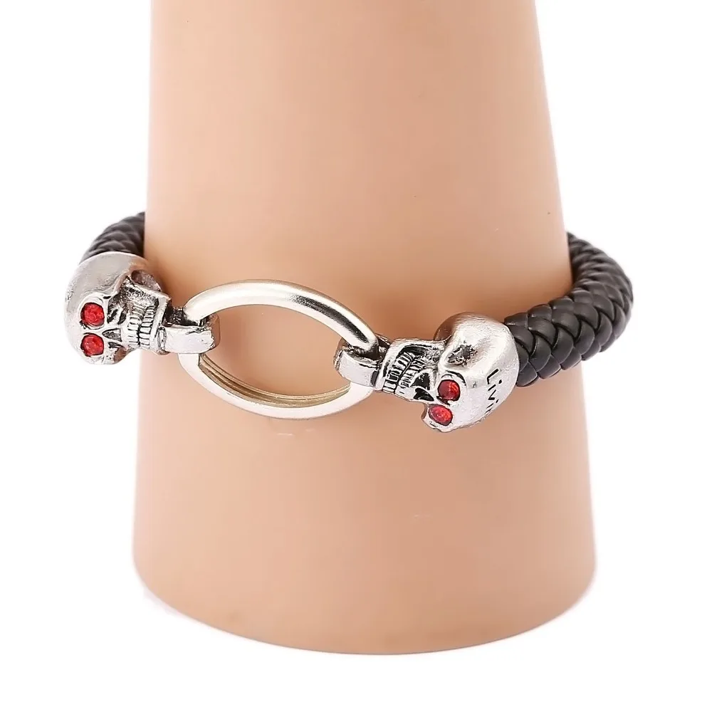 

2016 Halloween Fashion men Jewelry Red eye Skull Men's Bracelets Genuine Leather Bracelet male Vintage Creative gift