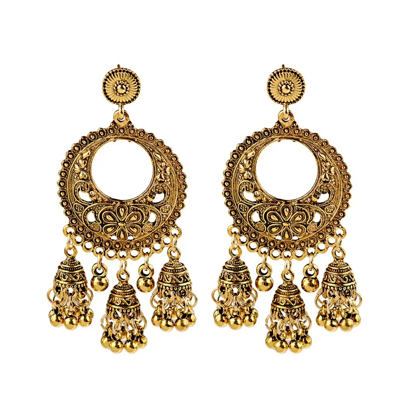 HXE103-1 OIQUEI индийские серьги Jhumka ювелирные изделия для женщин Бохо этнические винтажные круглые резные Большие колокольчики длинные висячие серьги с кисточкой - Окраска металла: HXE103-1