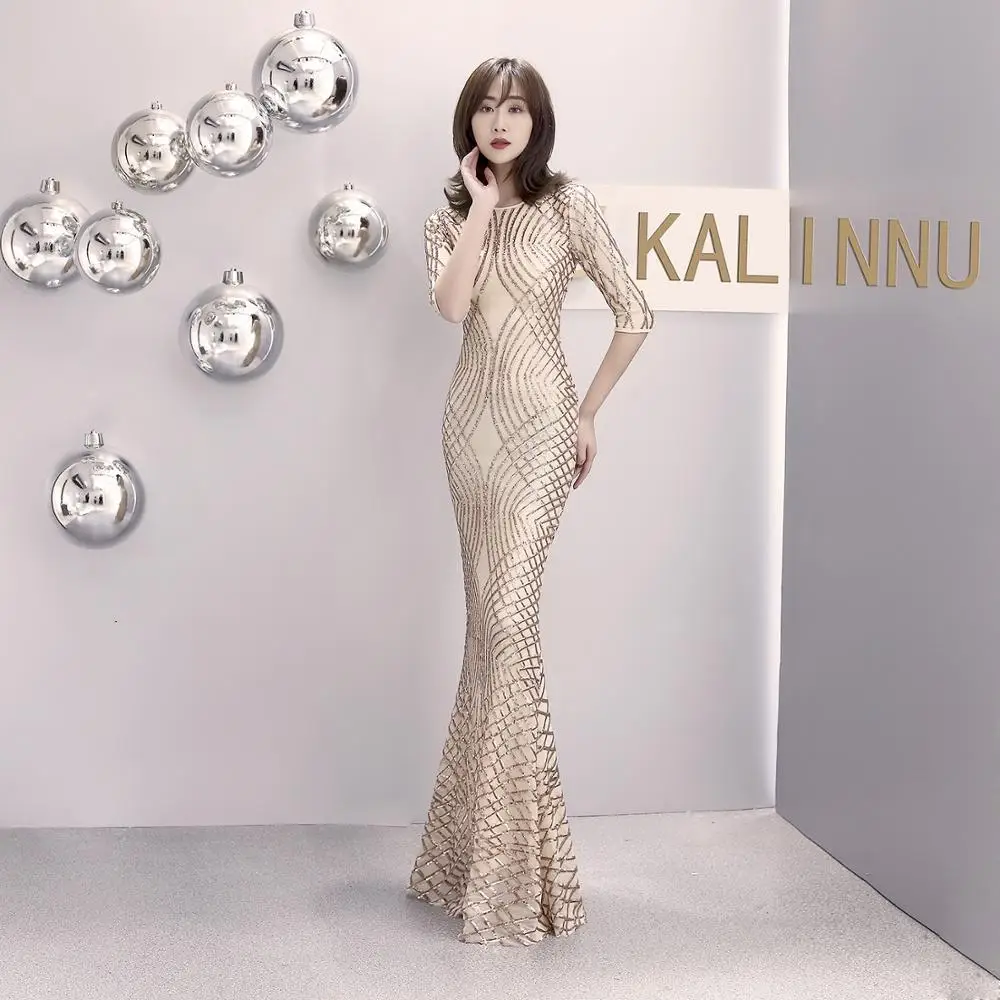 Женское вечернее платье с блестками Элегантное Длинное цвета шампань рукавом до