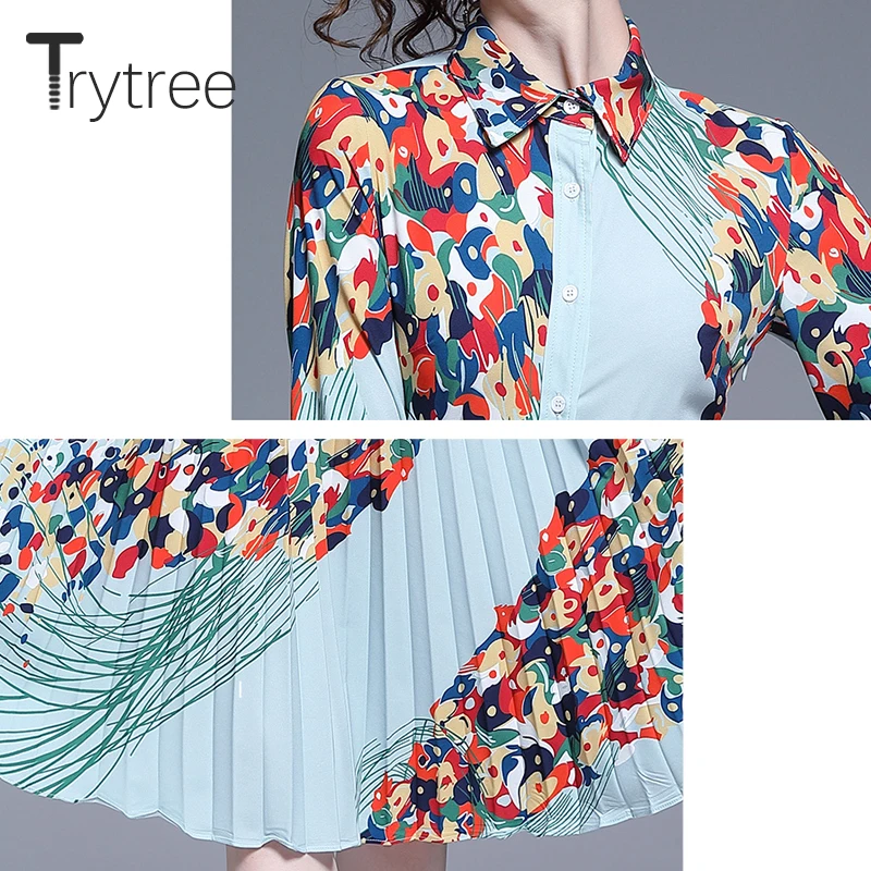 Trytree летнее осеннее платье рубашка с принтом женские платья синее отложным