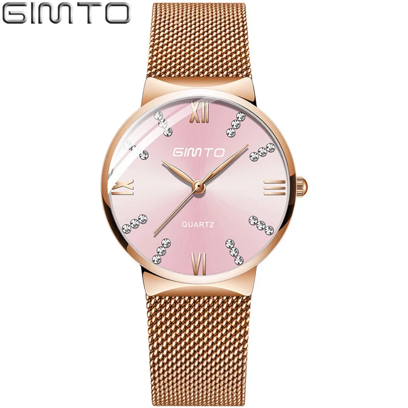 Rose Pink GIMTO верхней полосы Роскошные Для женщин часы Водонепроницаемый наручные часы со стразами Нержавеющая сталь дамы часы relogio feminino - Цвет: Rose Pink