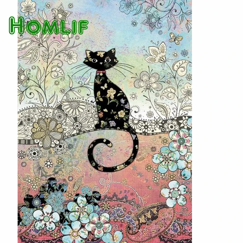 HOMLF новый стиль 3D diy алмазная живопись крест рукоделие черные цветы Кот Круглый