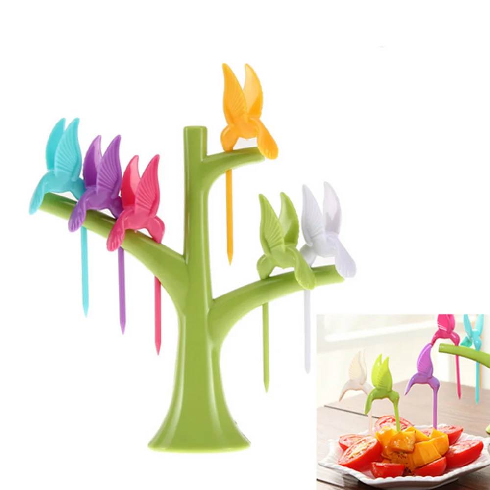 Мода 6 шт. + 1 Стенд птицы дерево Форма фрукты вилка Пластик овощей фруктов закуски