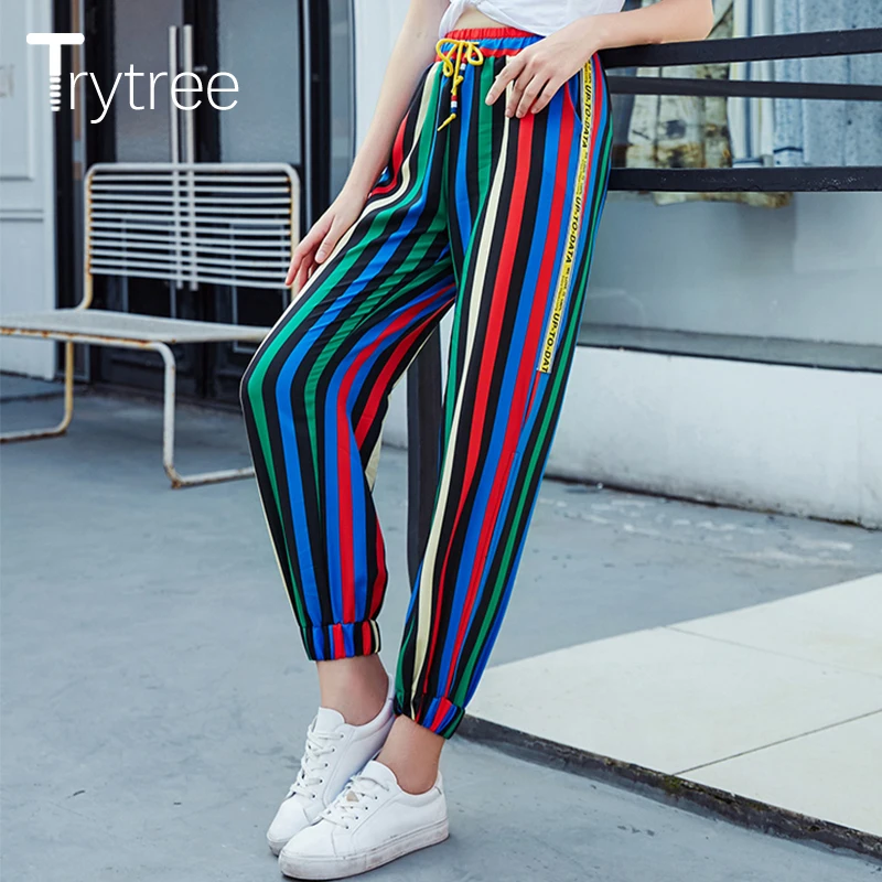 Trytree лето осень Для женщин Повседневное полосатый панелями свободные штаны
