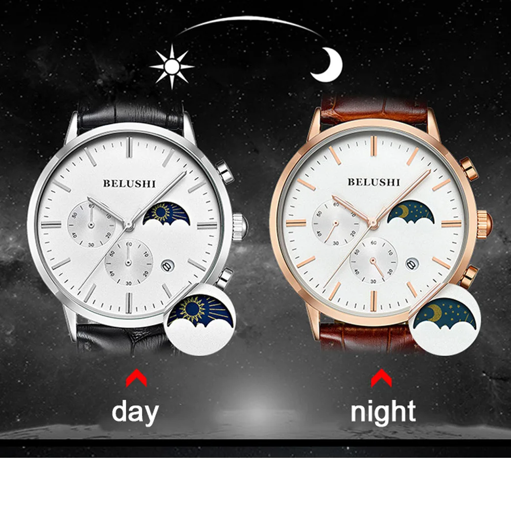 Мужские креативные наручные часы Moon Phase роскошные кожаные брендовые Золотые