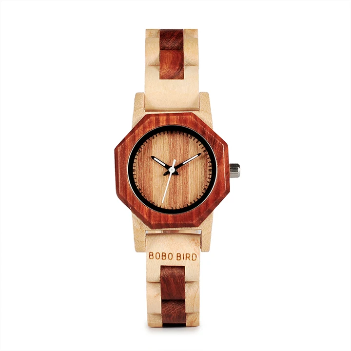 BOBO BIRD WM25M26 Duotone деревянные кварцевые часы для женщин Креативный дизайн восьмиугольник Изысканные часы Подарочная коробка OEM - Цвет: Red Face