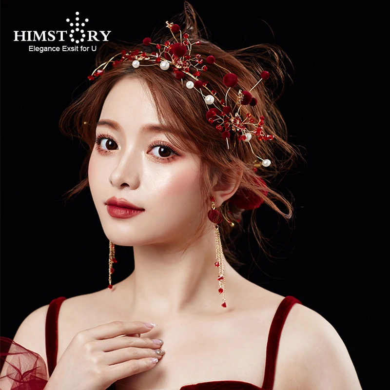 

HIMSTORY Elegane Red Ball Wedding Hairbands Handmade Red Wine Hairwear Party Engagement Hair Accessories