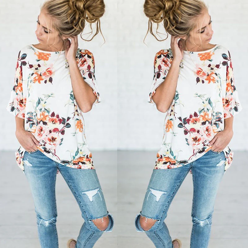 Модные цветочные шифон для Для женщин блузка летние Футболки Половина рукава с