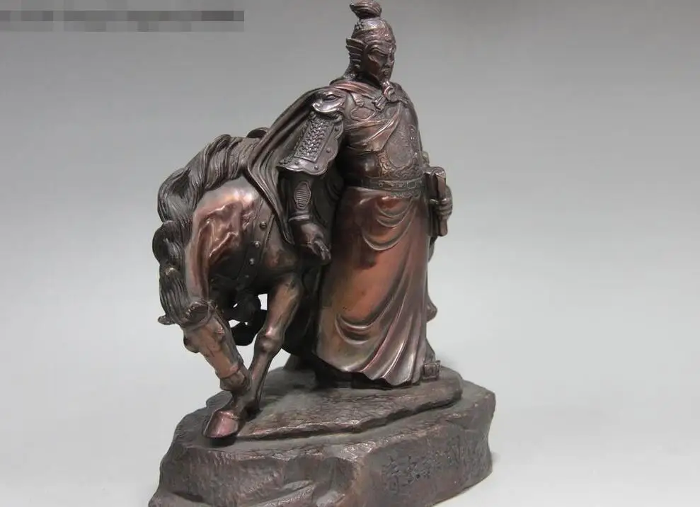 Китайская красная медь бронза Patriot Yue Fei рыцарь YueFei воин лошадь статуи | Дом и сад