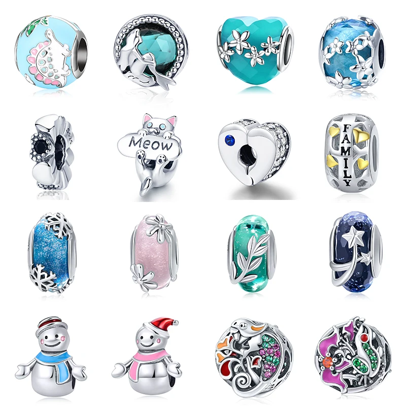 S925 серебро fit Pandora браслет морские очки Маргаритка Русалка Звезда бусины 925 Синий Циркон эмаль Снеговик кошка птица подвеска