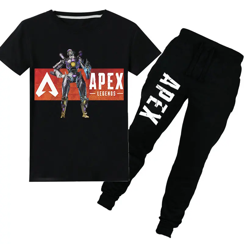 Г., летний детский костюм с короткими рукавами и принтом из мультфильма apex legends для мальчиков футболка+ штаны детские костюмы От 6 до 14 лет - Цвет: PT957Black