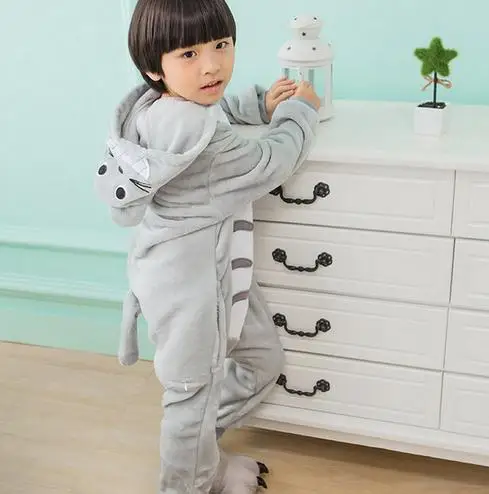 Grey Cat Onesie/Детские пижамы кигуруми с единорогом; Пижама с рисунком панды, единорога, стежка; Фланелевая Пижама для мальчиков и девочек; пижамы с капюшоном для косплея; От 3 до 13 лет - Цвет: Grey Cat