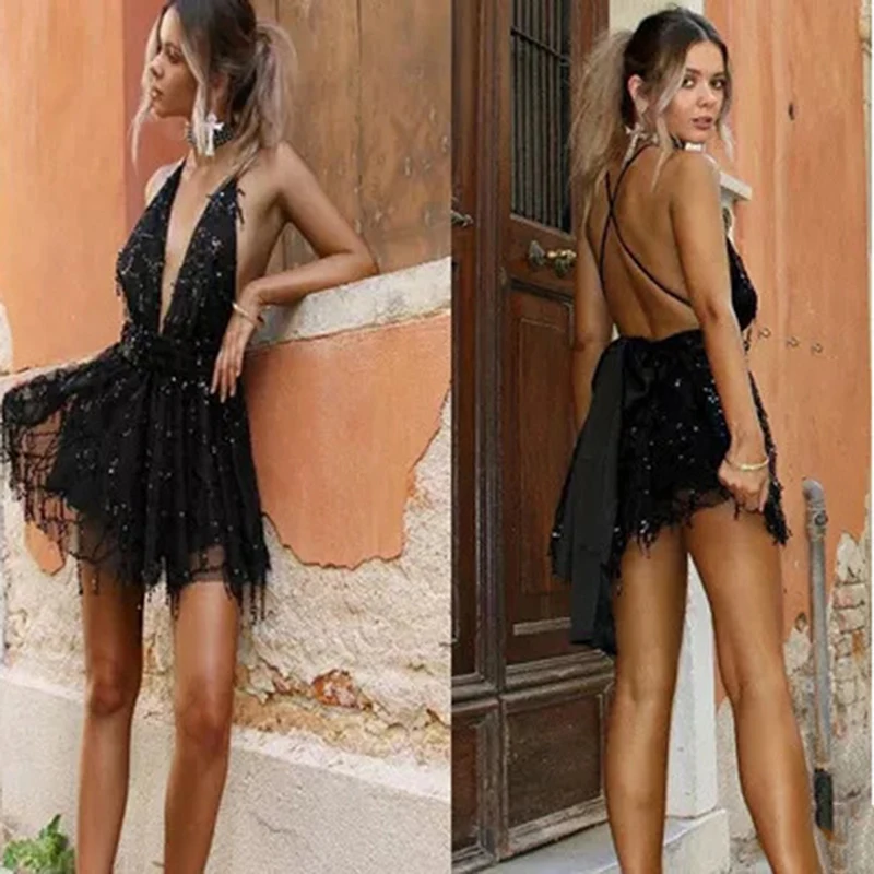 

2020 New Sexy Halter Sequins Dress Women Fashion Spaghetti Strap Backless Mini Party Dress Female Backless Dresses Vestidos