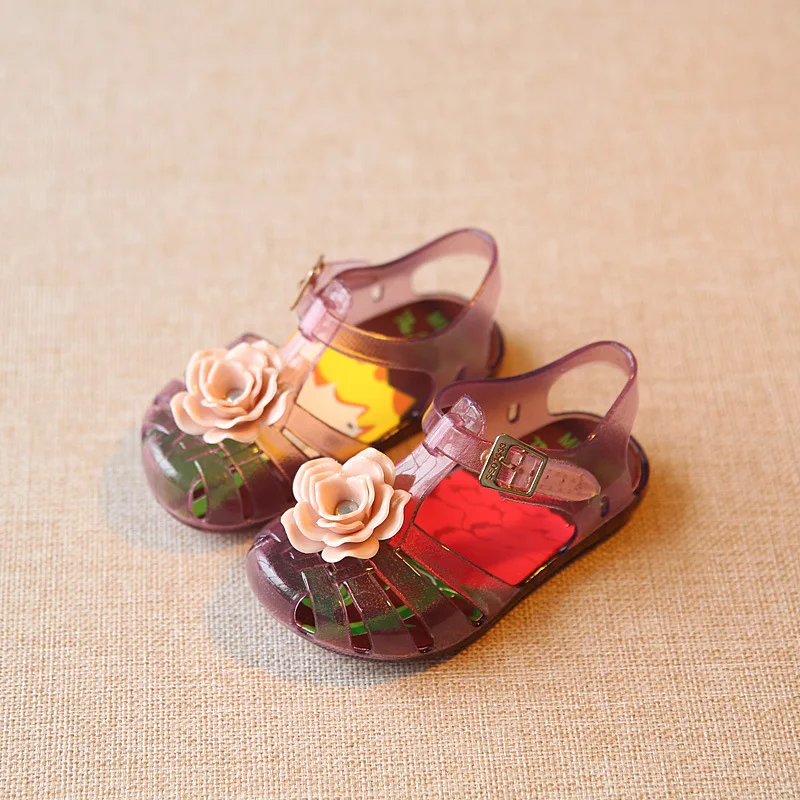 Новая летняя прозрачная детская обувь с розочками ПВХ прозрачные сандалии для