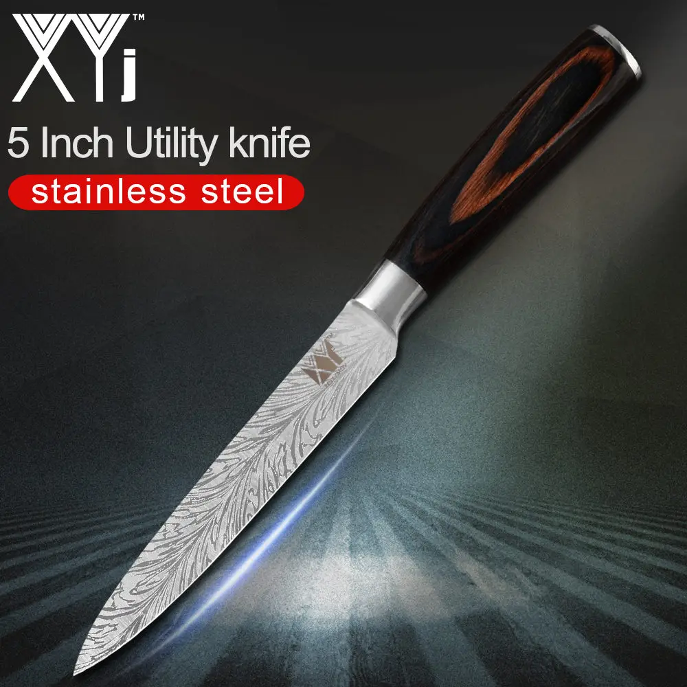5 inch Utility Knife XYj нож из нержавеющей стали с красивым узором 7cr17, лезвие из нержавеющей стали, цветные кухонные ножи с деревянной ручкой, набор ножей из 8 предметов - Цвет: 5 inch Utility Knife
