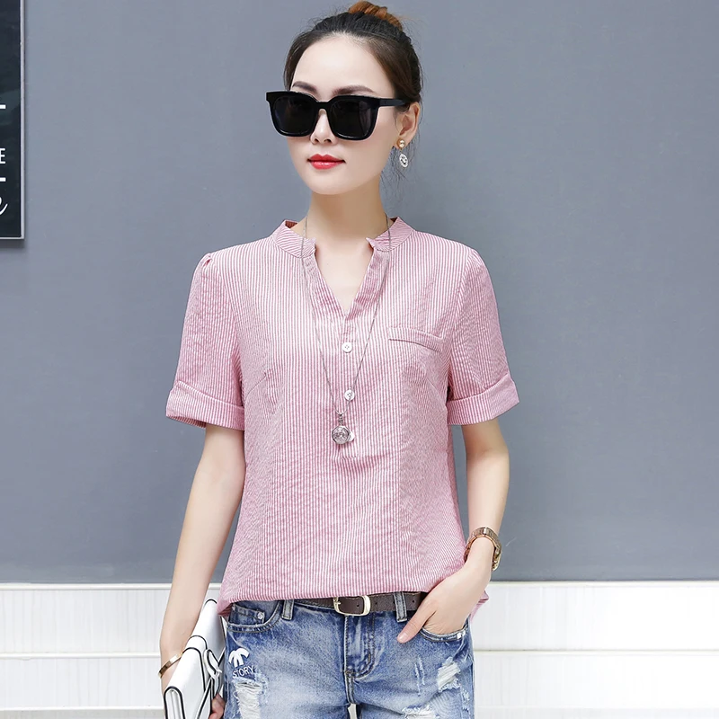 2018 женская летняя новая блузка плюс размер с коротким рукавом v-образным вырезом