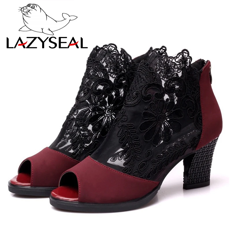 LazySeal/обувь в гладиаторском стиле; женские босоножки; Летние Босоножки с открытым носком; обувь на высоком квадратном каблуке 7 см с закрытой пяткой; летние сапоги из сетчатого материала на молнии