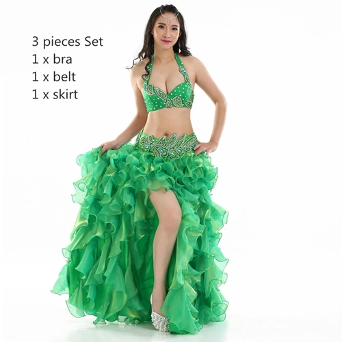 Green 3pcs Set Профессиональная Одежда для танцев, костюм для танца живота, комплект с бюстгальтером из бисера, чашка B/C, волнистая юбка, египетские женские костюмы для танца живота - Цвет: Green 3pcs Set