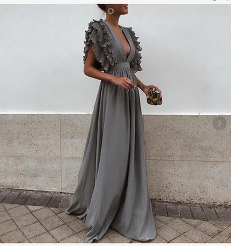 Новинка 2018 модное осеннее длинное женское платье с оборками на плечах глубоким v