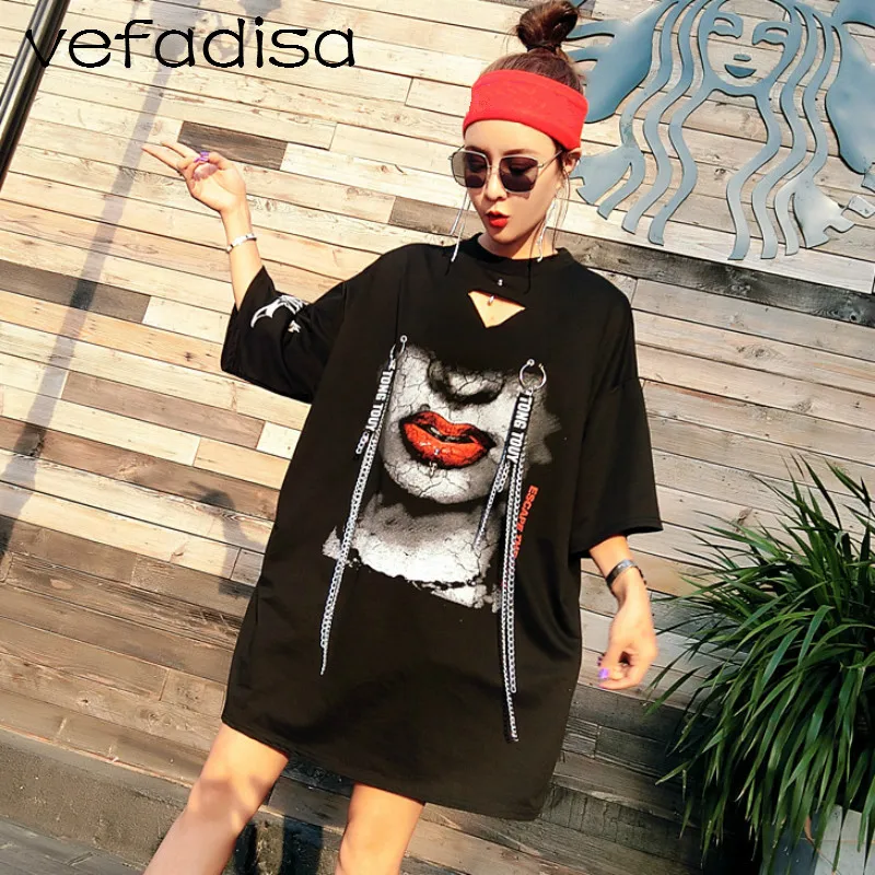 Vefadisa Chain Decoration Shirt for Women 2018 Casual Tops Character Print Summer T Short Sleeve Plus Size AD1903 | Женская одежда