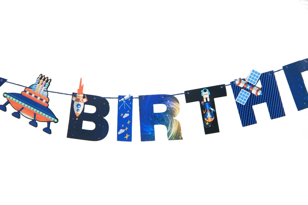 Баннер на тему дня рождения в виде НЛО галактики космоса и астронавта|banner happy|banner