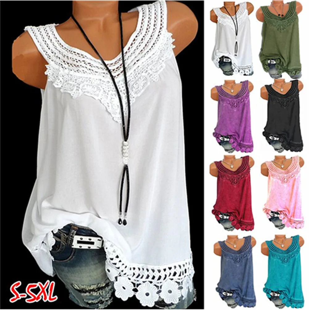 

Women's New Lace Sleeveless Solid Color Vest 8 Color S-5XL