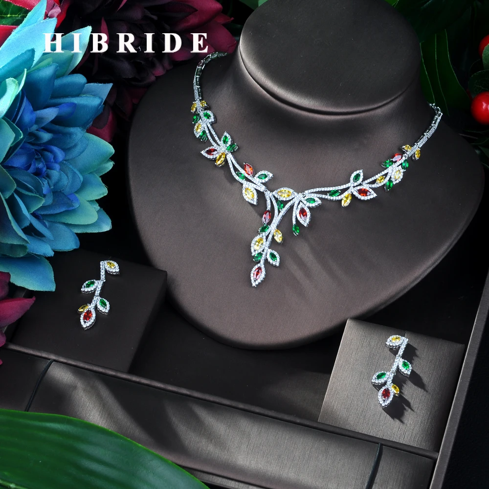 Hibrid Новое поступление ювелирные изделия AAA muiticcolor дизайн листьев 2 шт набор для женщин Сверкающее циркониевое ювелирное изделие Свадебные аксессуары N-80