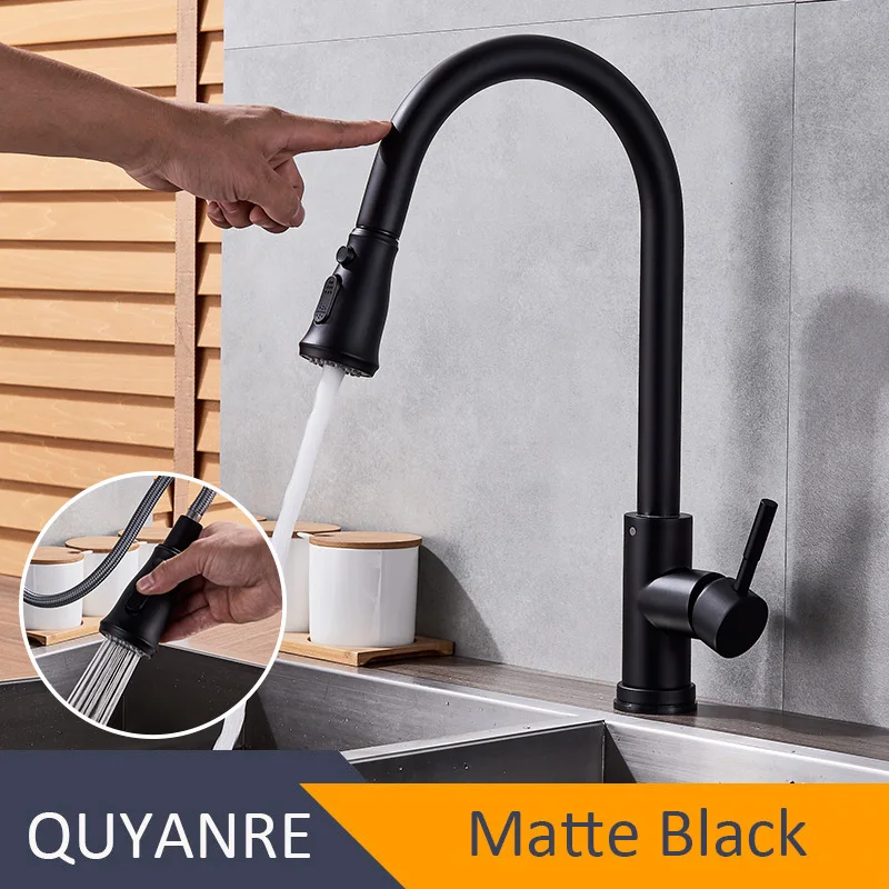 Matte Black Quyanre высокодуговой Матовый никель выдвижной сенсорный датчик кухонный кран бессвинцовый выдвижной умный кухонный кран датчик кран - Цвет: Matte Black