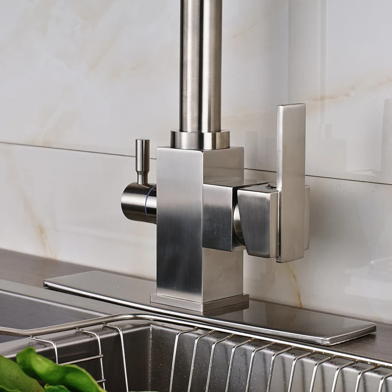 Матовый никелевый смеситель с двойным носиком для чистой воды кухонный 3