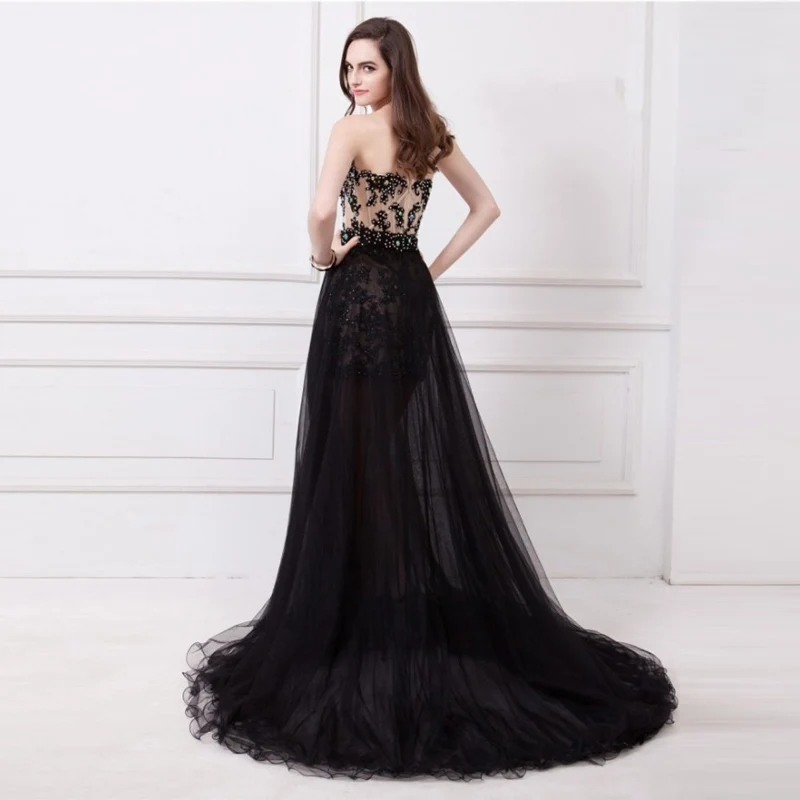 Новинка года; вечернее платье принцессы со съемным шлейфом; Vestido De Noiva; черное кружевное платье с аппликацией 2 в 1; платье для выпускного вечера; robe de soriee - Цвет: Черный