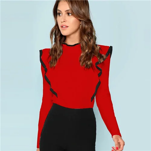 Красный Dotfashion облегающая футболка с оборками, облегающая футболка с длинным рукавом, женская элегантная Осенняя футболка с воротником-стойкой, топы в Корейском стиле, новая футболка - Цвет: Красный