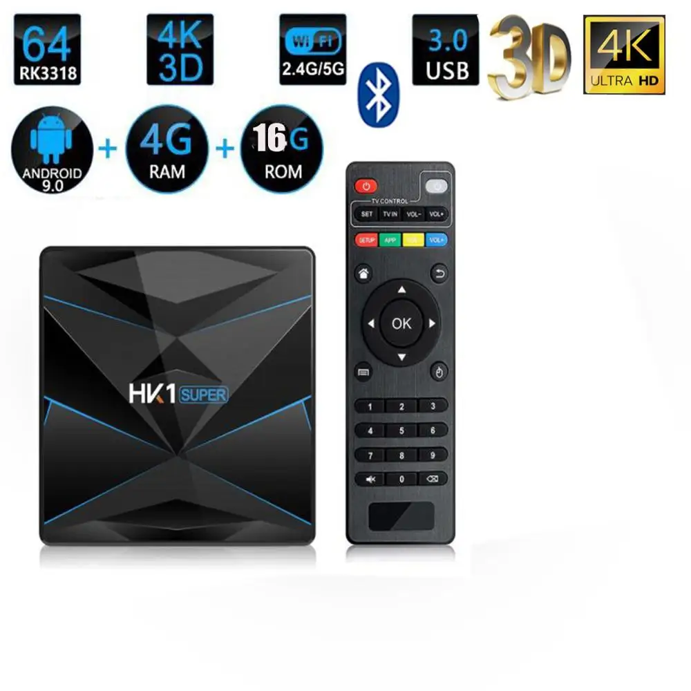 ТВ приставка HK1 Super Android 9 0 RK3318 2G/16G 4 ГБ 32 64 128 2 4G/5G Dual WiFi BT4.0 4K H.265 media 10 шт.|ТВ-приставки