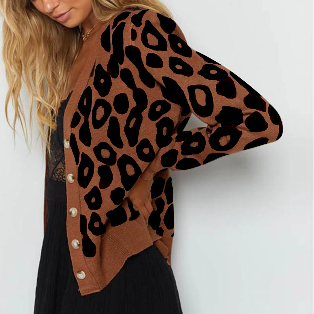 Leopard Button Cardigan Women Winter Khaki Sweater Long Sleeve Knit Clothes V Neck Slim Jumper Chompas Para Mujer |