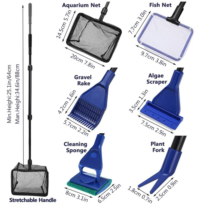 Aquarium Fish Tank Clean Tools 6 In 1 Adjustable Cleaning Kit & Gravel Cleaner Siphon For Water Changing And Sand C | Дом и сад