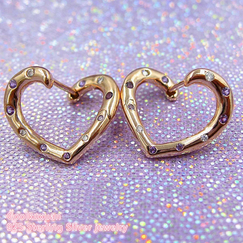 Mother Day 925 Sterling Silver Bright Hearts Earrings,Rose Royal Purple & Lilac Crystals & Clear CZ for Women Earrings