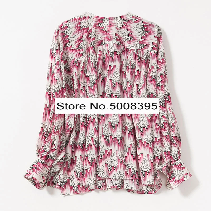 AMBA/шелковая блузка с принтом круглым вырезом кружевом разрезом сбоку длинными