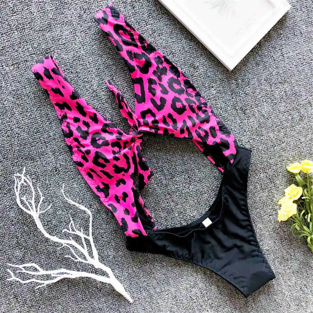 Hot Pink Сексуальный леопардовый цельный купальный костюм с вырезами для живота, женская одежда для плавания, женский купальный костюм с завязками и открытой спиной, купальный костюм, одежда для плавания V1355 - Цвет: Hot Pink