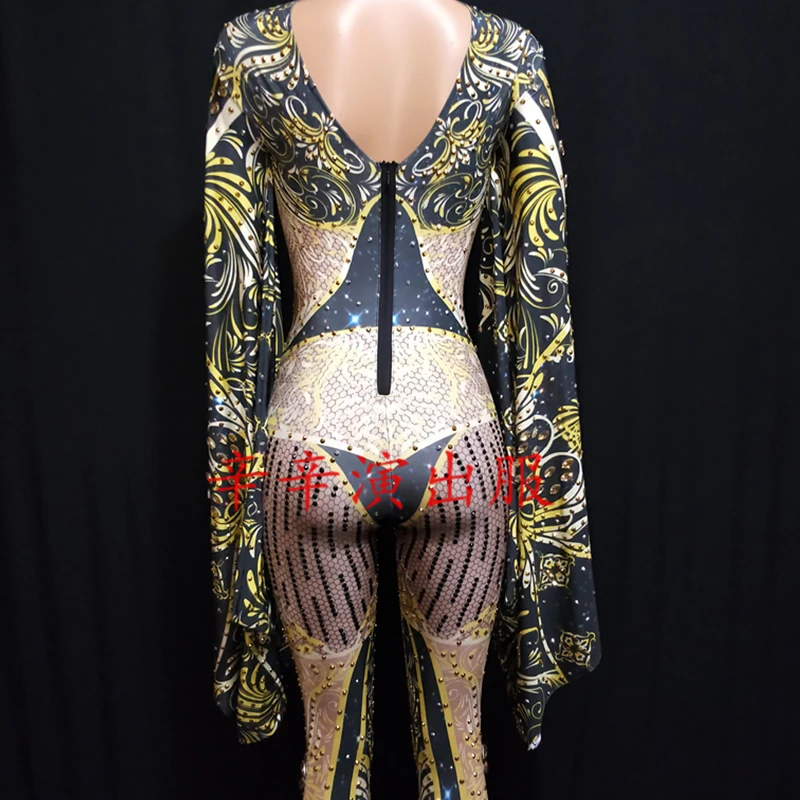 Модный черный желтый комбинезон Женский праздничный костюм со стразами Женское